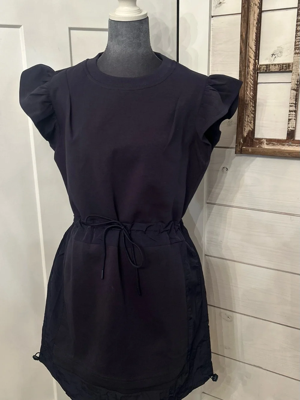 Umgee Blue Ruffle Sleeve Drawstring Waist Mini Dress